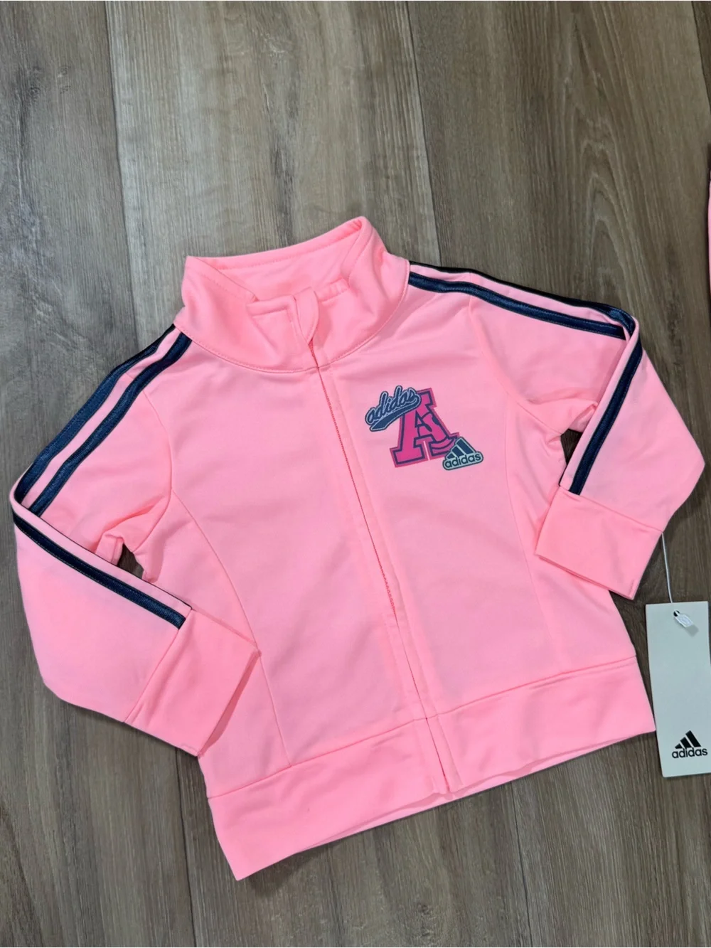 adidas Pink Girls 2-Piece Track Jacket and Pants with Navy Stripes